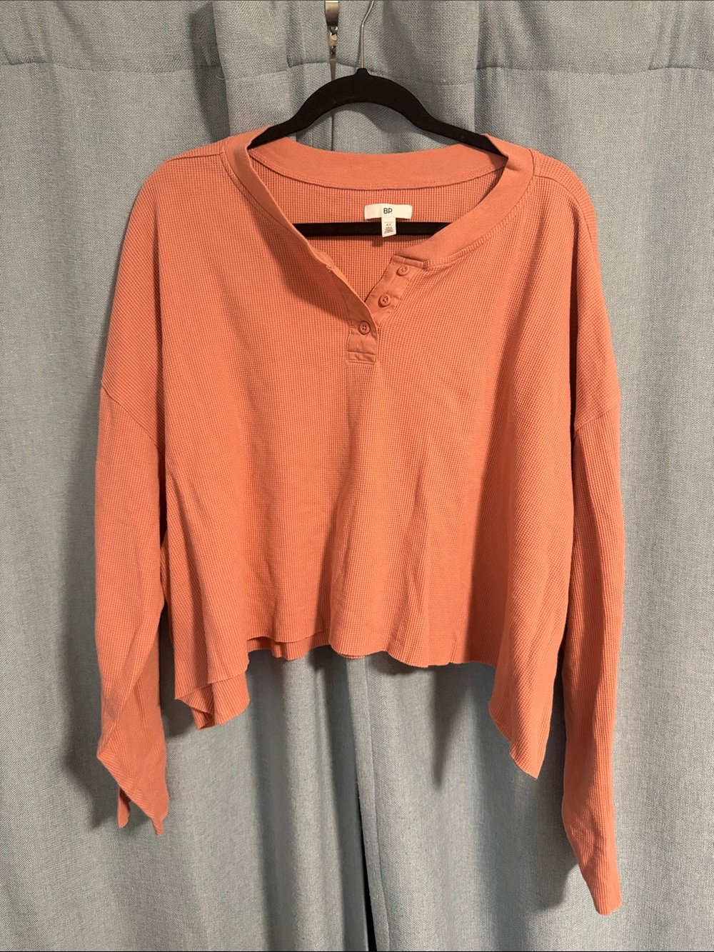 bp coral Cropped Waffle Henley Long-Sleeve Top